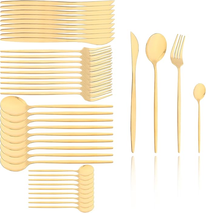 40 Pcs Mirror Polish Silverware Set, Large Set 18/10 Stainless Steel Flatware Cutlery Set For Home Daily Use/Wedding Party/Restaurant, Utensils Set Service For 10 (Gold)