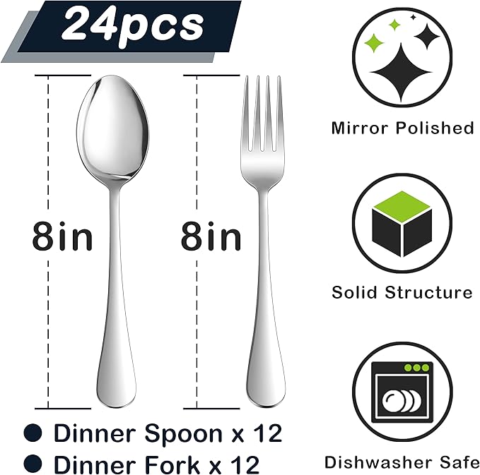 HaWare 24-piece Forks and Spoons (8 Inches) Silverware Set, 18/0 Stainless Steel Serving Flatware Cutlery for Home, Kitchen and Restaurant, Mirror Polished, Dishwasher Safe