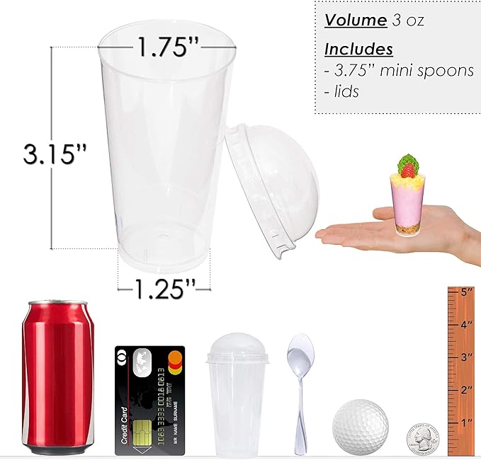DLux 100 x 3oz Mini Dessert Cups with Lids & Spoons, Shooter - Clear Plastic Parfait Appetizer Cup - Small Reusable Cups for Tasting Party Desserts Appetizers - With Recipe Ebook