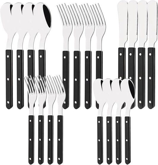 20 PCS Stainless Steel Flatware Set for 4, Silverware Set with Colored Handles, Retro Style Forks Spoons and Knives Set, Vintage Eating Utensils, Black Acrylic Handle with Rivets Design