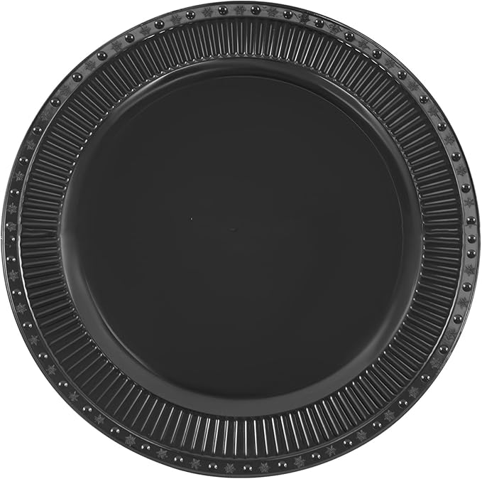 100 Pcs Antique Charger Plates Bulk 13 Inch Embossed Rim Plastic Party Dinner Plate Chargers Round Decorative Server Plate for Wedding Party Event Tableware (100pcs-black4)
