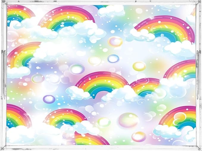 Serving Tray with Handles Clear Acrylic Tray 12x16 Inch Decorative Rectangular Tray Organizer for Ottoman Coffee Table Bathroom Rainbow Clouds Dots White