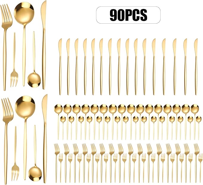 90 Piece Cutlery Set for 18, Stainless Steel Flatware Utensil Kitchen Spoon Fork,Stainless Steel Flatware Set, Kitchen Utensil Set Cutlery Tableware for Home and Restaurant