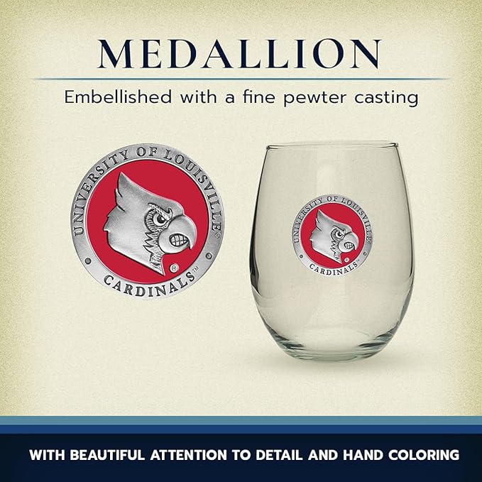 Heritage Pewter Louisville Cardinals Stemless Glass Goblets – Set of 2 | 15 OZ Goblet Wine Glasses | Expertly Crafted Pewter Glass