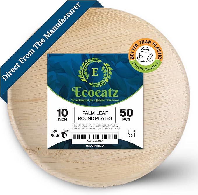 Round Palm Leaf Plates 10 Inch, 50 Pack Disposable Party Plates, Heavy-Duty Compostable & Biodegradable, Microwave Safe Eco-Friendly Bamboo-Style Plates for Parties, Weddings & BBQs