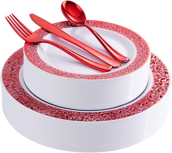 U-QE 150PCS Red Plastic Plates with Plastic Silverware, Red Disposable Plates Include 30 Dinner Plates 10.25", 30 Salad Plates 7.5",30 Forks,30 Knives,30 Spoons Perfect for Party