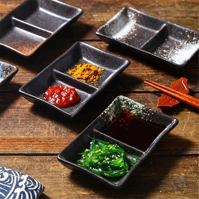 Appetizer Plates Double-grid Ceramic Soy Sauce Plate Barbecue Seasoning Dipping Dish Divide Sushi Meals Dishes for Condiment(Black)