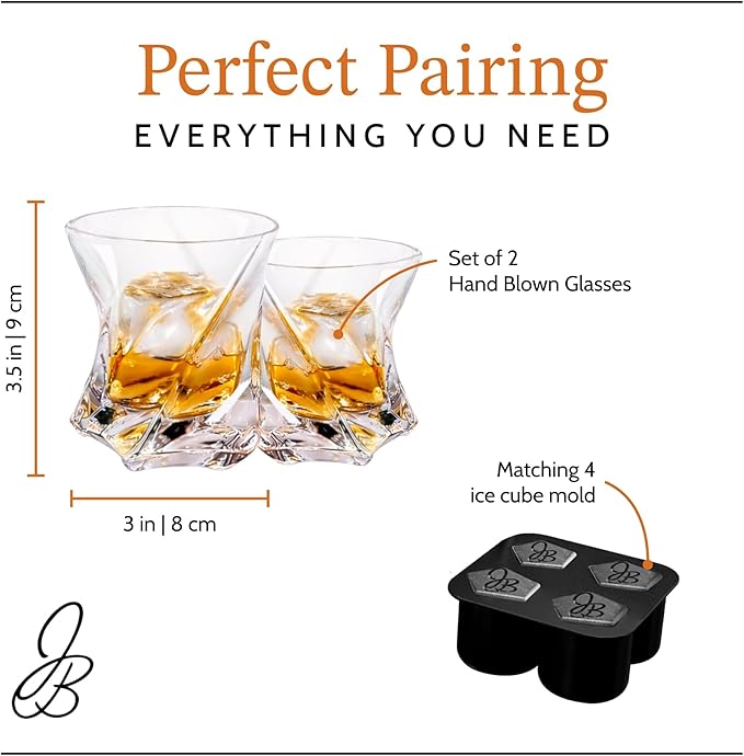 JAMES BENTLEY STAR Whiskey Heavy Tumbler Glasses – Hand Blown Crystal Whiskey Glasses, Enhances Aroma and Flavor, Premium Quality for Bourbon & Old Fashioned Tasting— Set of 2 with 4 Ice Cube Molds