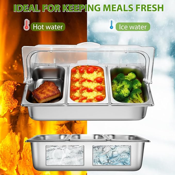 3 Pan Countertop Food Serving Display Container Stainless Steel Pizza Topping Station Display Rack Condiment Dispenser with Clear Roll Top Cover for Buffet Restaurant Hotel Kitchen Party