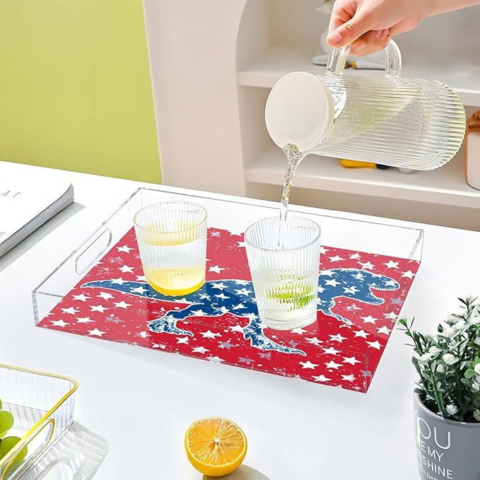 Serving Tray with Handles Clear Acrylic Tray 12x16 Inch Decorative Rectangular Tray Organizer for Ottoman Coffee Table Bathroom Red T-rex and Us Flag Stars