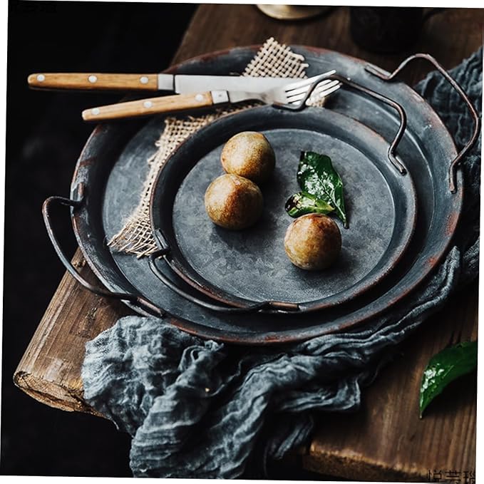 Alipis 1pc Retro Food Serving Tray Handle Silver Decorative Storage Platter for Home and Restaurant Multi-purpose Iron Tray for Snacks Desserts and Fruits
