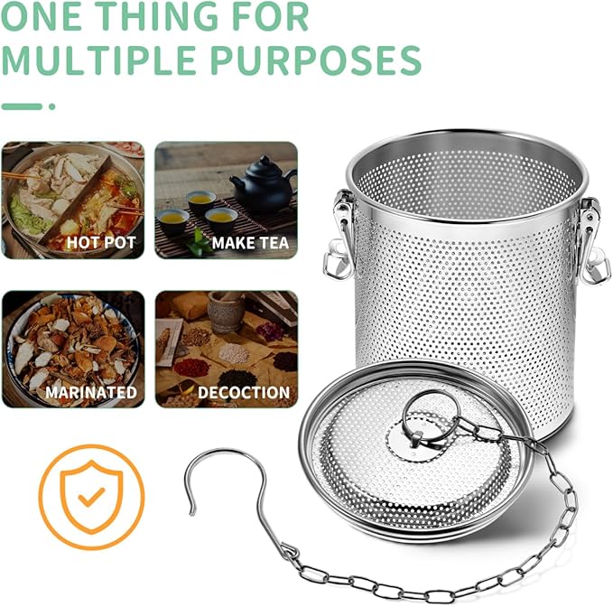 Yardwe Stainless Steel Stewed Basket - Cooking Strainer for Seasonings Spice Infuser with Long Chain Hook Ideal for Soups and Broths (5.51 X 5.11 X 4.72 Inch)