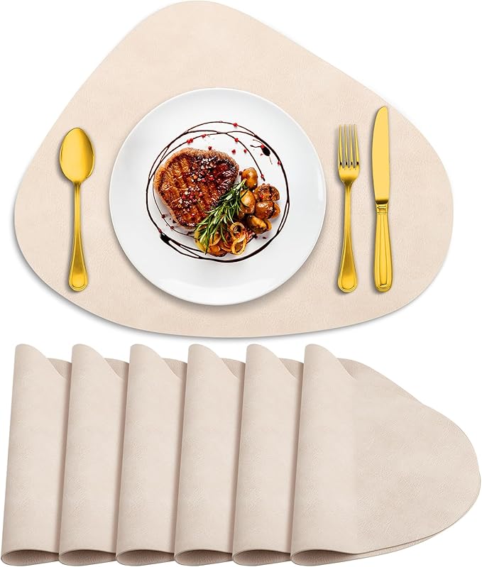 ADRIMER Placemats, Heat Resistant Round Placemats Set of 6 Washable 13 x 17 Inch, Waterproof Table Mats Wipeable for Kitchen, Dining Room Table Christmas Decor, Beige