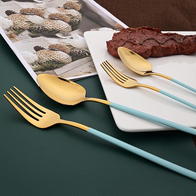 36pcs Silverware Set, 18/10 Stainless Steel Serving Flatware With Curved Handle For 6, Durable Eating Utensils For Home Entertaining, Mirror Polished (Mint Green Gold)