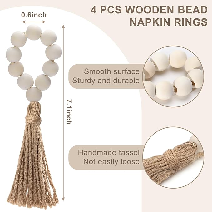 Woven Placemats Set of 4, 13.8" Natural Water Hyacinth Round Rattan Placemats with Wooden Beads Napkin Rings for Kitchen Dining Table Decor