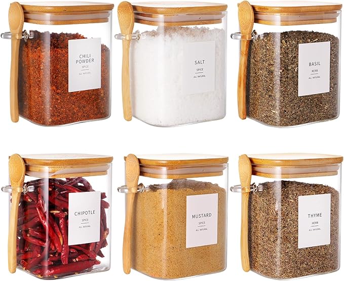 6 Pcs Square Glass Jar with Bamboo Lid and Spoon - 27 oz Large Sugar Container with 148 Kitchen Pantry Spice Jar Labels Preprinted - Glass Containers with Wooden Lids Hold Coffee, Tea, Candy