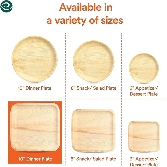 ECO SOUL Palm Leaf Disposable Bamboo Plates 10" Square Compostable & Biodegradable Party Plates for Christmas Dinner, Weddings, Parties & Events 50 Count