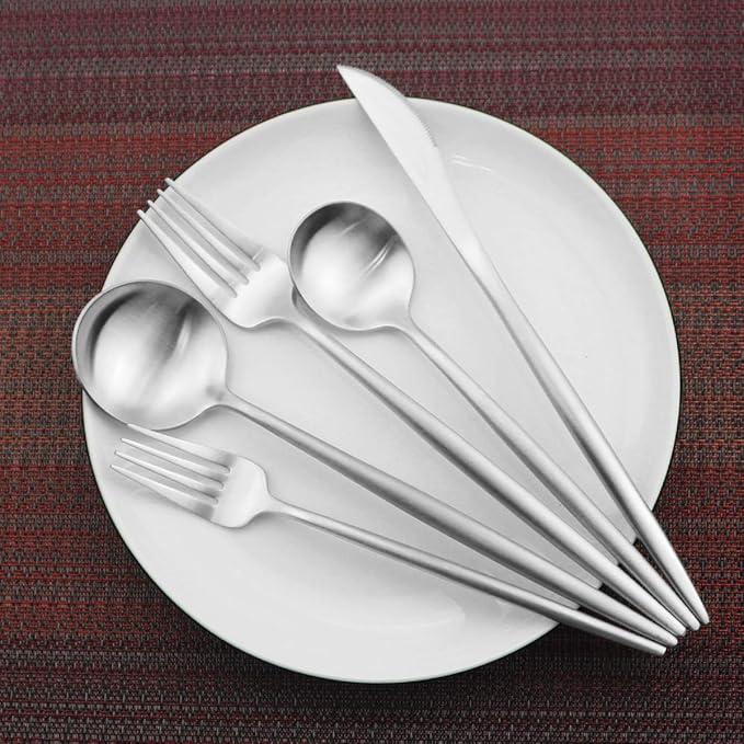 Gugrida Luxury Flatware, Royal 5 Piece Matte White Handle 18/10 Stainless Steel Tableware Sets for 1 Including Forks Spoons Knives, Camping Silverware Travel Utensils Set Cutlery (Full Silver)