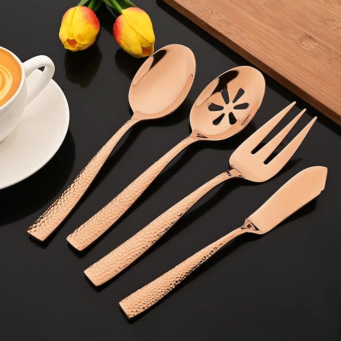 JASHII 5-Piece Rose Gold Hammered Flatware Hostess Set Stainless Steel Serving Fork Slotted Serving Spoon Butter Knife Teaspoon Set for Buffet Party Mirror Polished Dishwasher Safe