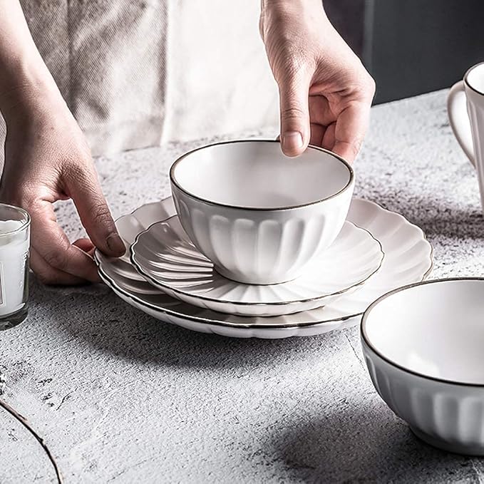 Dinner Set,Ceramics Dinner Sets, 45 Pieces Petal Design Matte Porcelain Dinnerware Set | Cereals Bowl & Mug & Plate for Wedding Gifts and Family Party,A~White