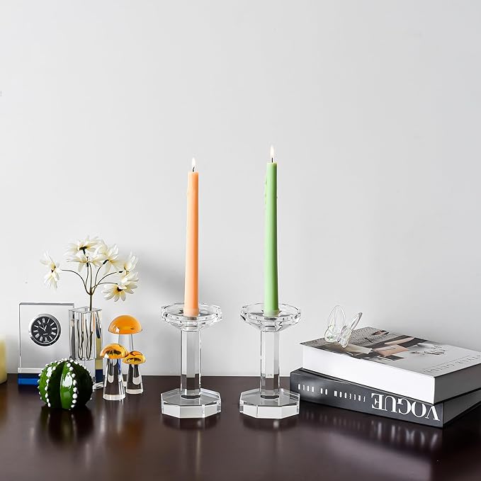 kitCom Crystal Candle Holders Set of 2, 6.1 Inch Tall Crystal Candlestick Holders for Taper, Long Candles - Home Decoration, Wedding, Housewarming and Graduation Gifts