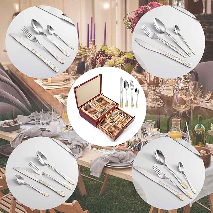 72/84 pcs Luxury Flatware Set with Gold Accents, Gold Flatware Serving Set for 12 for Formal Events, Parties, Tablewar in a Wooden Storage Case Chest(B,72pcs)
