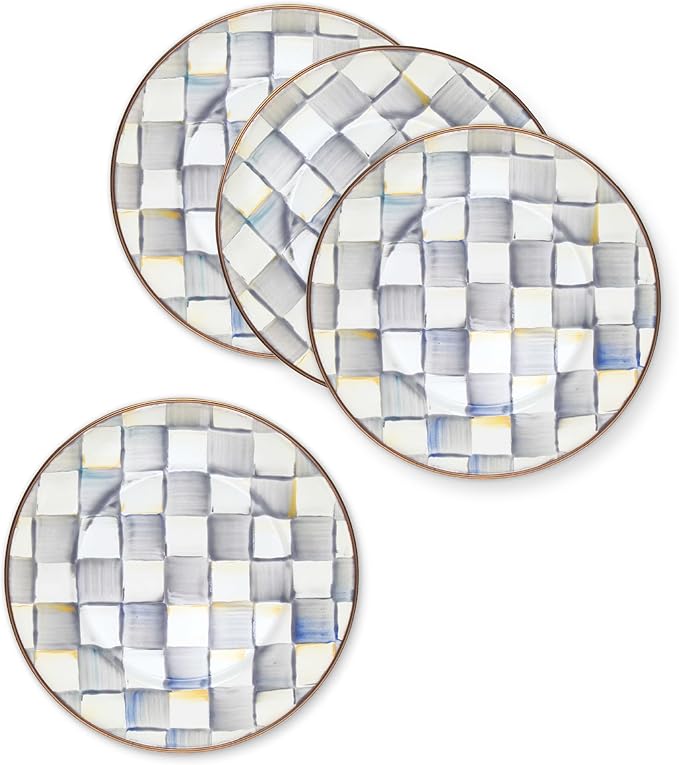 MACKENZIE-CHILDS Enamel Salad and Dessert Plate, Small Plate for a Dessert or Appetizer Dish, 8 Inches, Set of 4, Gray-and-White Sterling Check