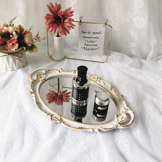 Hamphinee Oval Vintage Wall Mirror Tray, Dresser Organizer Tray, Decorative Perfume Mirror Tray, Serving Tray, 9.8"x 14.6", White