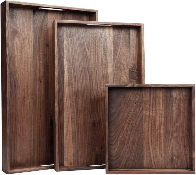 Set of 3 Large Solid Black Walnut Wood Ottoman Tray with Handles, Serve Tea, Coffee or Breakfast in Bed, Classic Wooden Decorative Serving Tray, L+M+S