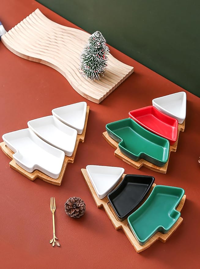 Colorful 10.8 Inches Colorful Snack Appetizer Trays Sets, Christmas Tree Dessert Serving Dishes, Snack Platter, 3 pcs Removable Porcelain Plates with Bamboo Tree Tray