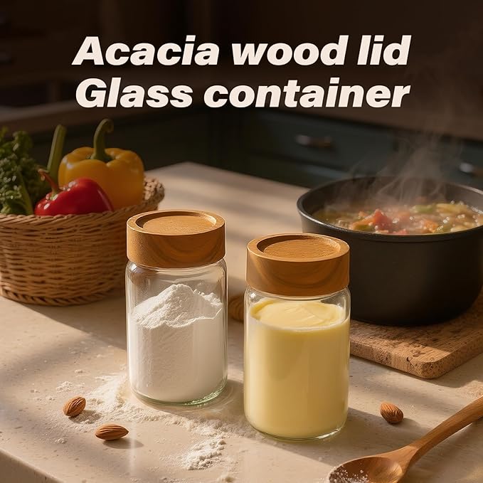 2-Piece 10 fl oz Food-Grade Glass Mason Jars with Sturdy Acacia Wood Lids, Sealable Waterproof, Transparent Easily Stackable for Spices, Seasonings & Snack Organizin