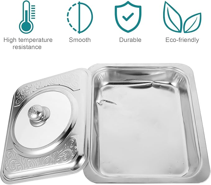 Garneck Rectangular Stainless Steel Serving Tray Lid, Food-Grade Silver Metal Food Holder Plate for Cafeteria and Buffet Use