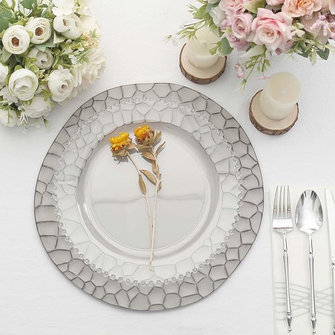 Efavormart 6 Pack | 13" Matte Gray Plastic Hammered Rim Dinner Charger Plates, Decorative Disposable Irregular Round Serving Plates