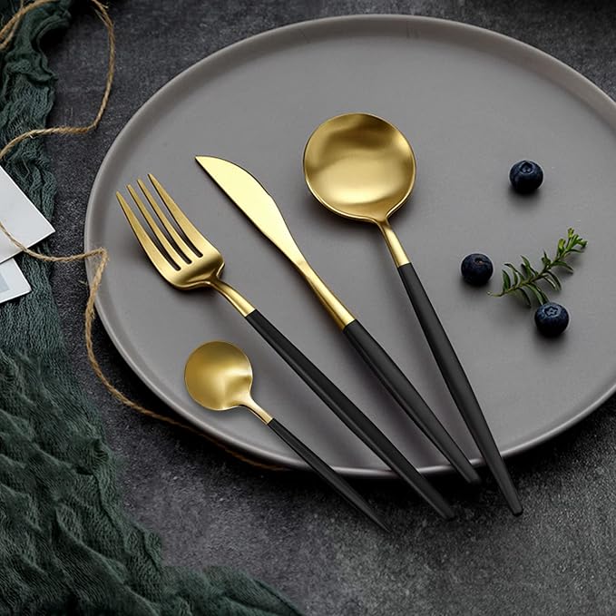 Gold Black Silverware Set, 24 pcs Golden Flatware for 6, Black and Gold Flatware, Stainless Steel Silverware Set,Kitchen Cutlery Sets, Include Knives/Forks/Spoons