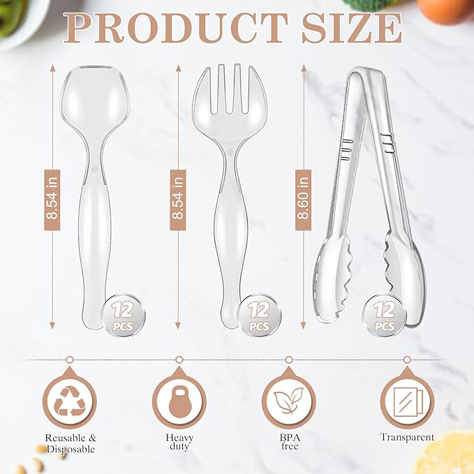 Mwellewm 36Pcs Serving Utensils 9'' Large Plastic Serving Utensils Set Serving Spoons for Buffet Clear Disposable Plastic Tongs Heavy Duty Slotted Spoons/Forks Supplies for Party Food Salad Soup
