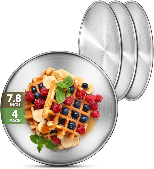 4 Stainless Steel Plates, 7.8 inch 304(18/8) Metal Camping Plate, Reusable Food Serving Dish Snack Eating Dishes Round Shatterproof Plate Silver Dinnerware for BBQ Dinner Oven Dishwasher Safe