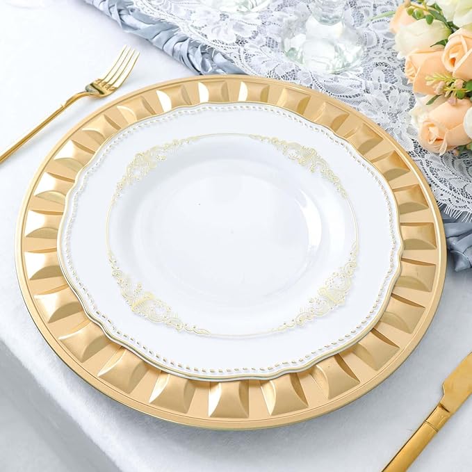 Efavormart 6 Pack | 13" Gold Round Bejeweled Rim Plastic Dinner Serving Trays, Disposable Charger Plates