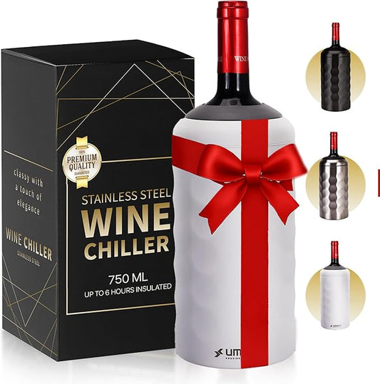 Premium Wine Chiller - 750ml Stainless Steel Wine Bottle Cooler, Vacuum Insulated & Double-Walled - Keeps Wine Cold for 6+ Hours - Champagne Chiller Sleeve for Most Bottles - White