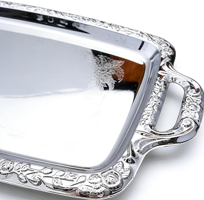 2PCS Silver Serving Tray with Handles, 15 x 9 Inch Stainless Steel Rectangle Platter, Silver Tray for Food Serving, for Party Food Breakfast Tea Farmhouse Home Decor