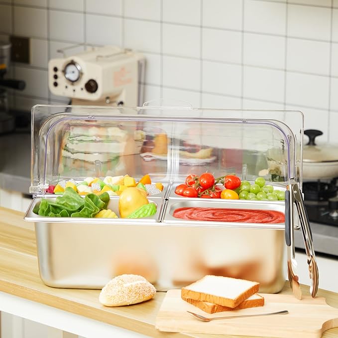 Tessco for you 16 Pcs Ice Food Spice Serving Display Countertop Chilled Condiment Container Set with Lid, Stainless Steel Salad Cold Caddy for Buffet Restaurant Kitchen Party(4 Compartments)