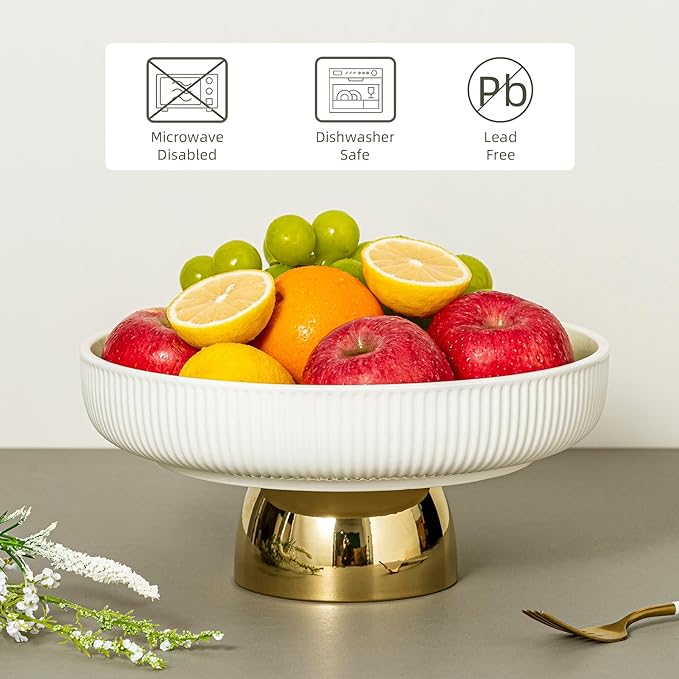Ceramic Fruit Bowl,11-Inch Large Decorative Bowls,White Pedestal Tray and Gold Base, Fruit Bowl for Kitchen Counter, Bread and Fruit Trays,Salad or Dessert Display Trays for Parties. (XL)