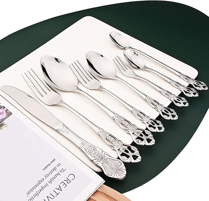Elegant 32-Piece (4 Set) Retro Flatware Set, Stainless Steel Cutlery Set - Complete Eating Tableware Serving Set, Dishwasher Safe, Shiny Mirror Polish (Silver)