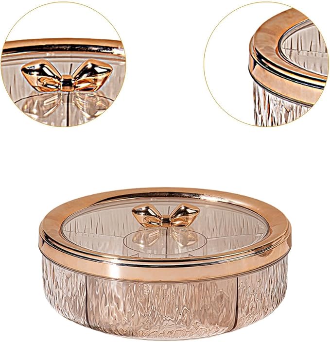 Rotating Serving Tray for Snacks with 6 Compartments, Transparent, Reusable, for Storing Nuts and More, Ideal for, Rose Golden Bow