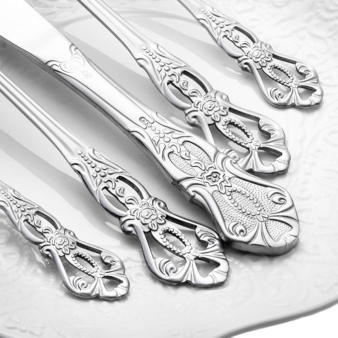 40 Pieces Retro Royal Silverware Set for 8, Stainless Steel Flatware Set, Dishwasher Safe Dinnerware Set Including Forks Spoons and Knives, Vintage Cutlery Set for Wedding, Party and Christmas