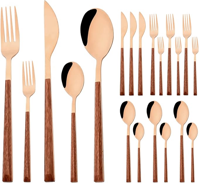 Korean Style Wood Flatware Stainless Steel Fork/Spoon/Knife/Teaspoon with Wooden Square Handle Cutlery Set of 4 Dinnerware for Home, Kitchen, Restaurant, Gift - Rose Gold
