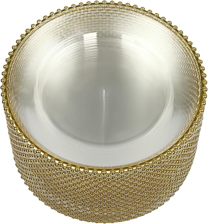 25 Pack Gold Charger Plates – Elegant Round Decorative Plates with Beaded Edge – Clear & Gold Hot-Stamped PS Platters for Weddings, Parties, Banquets – Stackable, Reusable