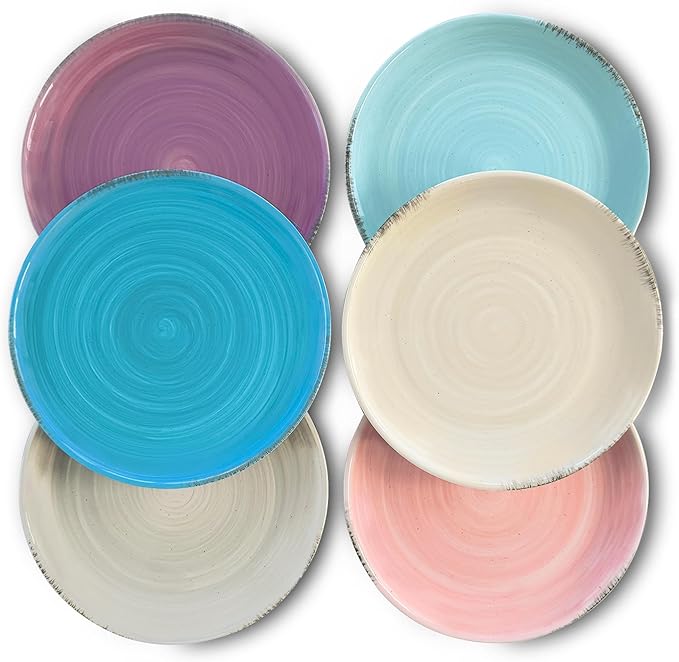 MORA Ceramic Helix Swirl Salad Plates Set of 6, 8in Spiral Porcelain Dish for Kitchen, Small Dinner, Lunch, Appetizer, Dessert, etc - Dishwasher, Microwave, Freezer, Oven Safe Dishware - Ocean Colors