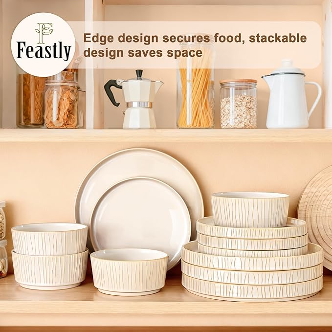 Stoneware Dinnerware Sets for 4, 12 Pcs Ribbed Reactive Glaze Ceramic Plates and Bowls Sets, Chip Resistant, Microwave Dishwasher Safe Dish Set, Housewarming Gifts, Cappuccino White