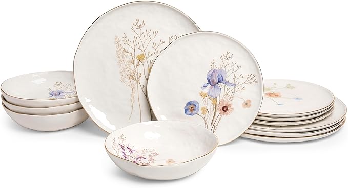 Sango 12-Piece Luxury Stoneware Dinnerware Set for 4- Glossy White Plates and Bowls Sets with Wildflower Patterns and Gold Rims, Ceramic Dish Set, Elegant Dishes for Everyday Dining, Gansevoort