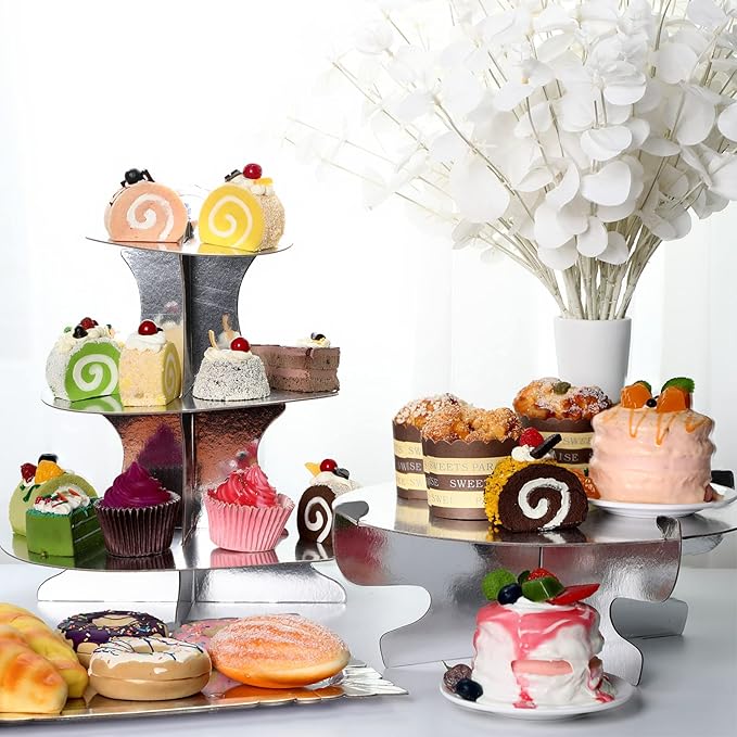 Zopeal 7 Pcs Dessert Table Display Set 3-Tier Cupcake Stand 1-Tier Cup Cake Display Tower Platters and Serving Trays Cardboard Cake Cookie Holders for Wedding Birthday Party Baby Shower(Silver)